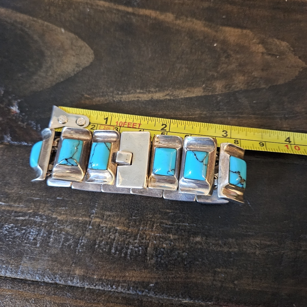 ReservedšAmazing 950 Silver Taxco Turquoise (Block) Panel Bracelet - Picture 7 of 8